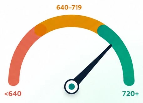 FICO score gauge — Zone 1 below 640 red, Zone 2 640 to 719 amber, Zone 3 720 plus teal. Needle at Prime threshold 640.